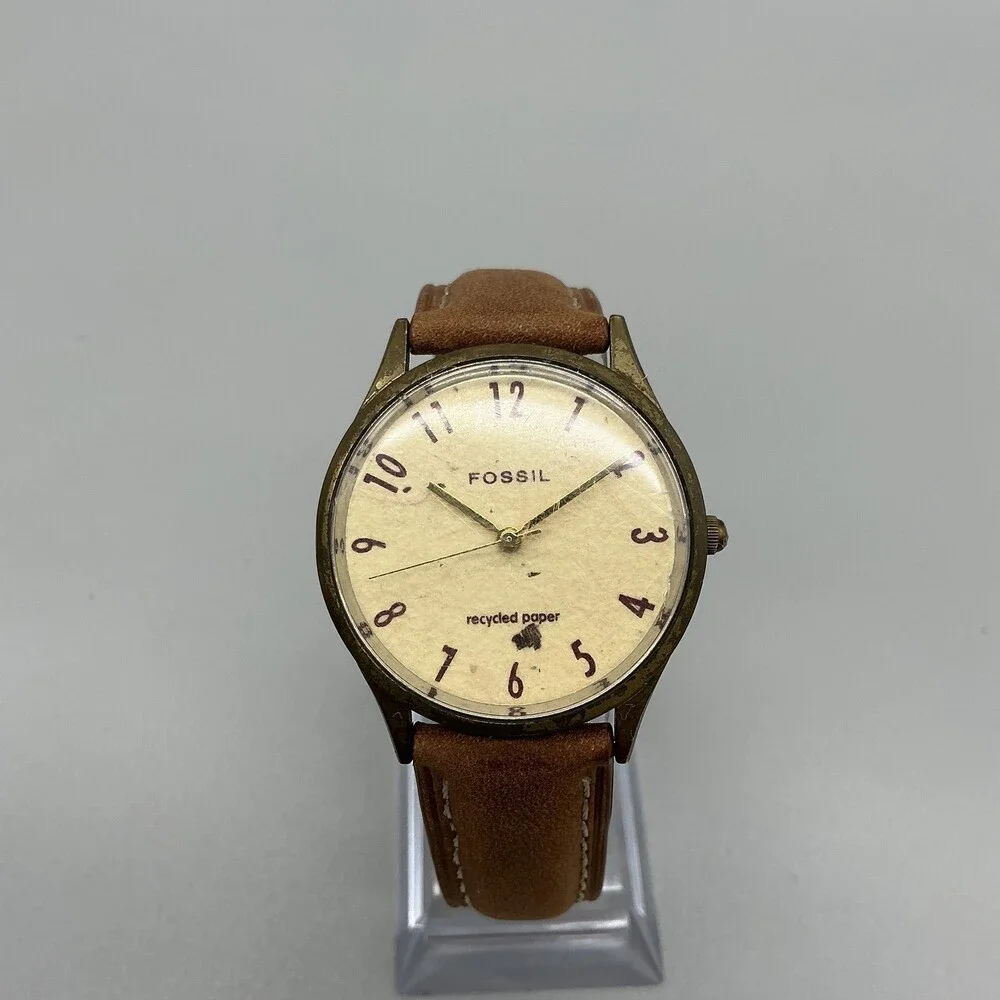 Fossil Unisex Watch 34mm Cream Recycled Paper Dial Brown Leather New Battery
